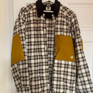 Tory Burch Plaid Puffer Jacket with Mustard Details
